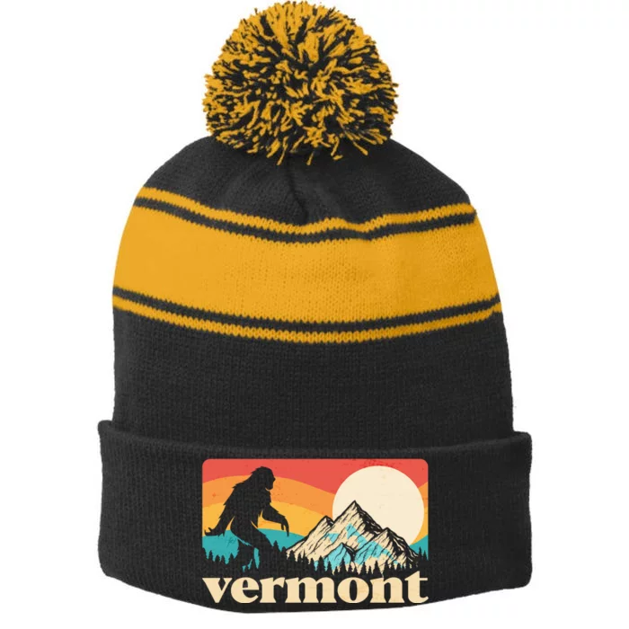 Vintage Vermont Bigfoot Sasquatch Wilderness Stripe Pom Pom Beanie