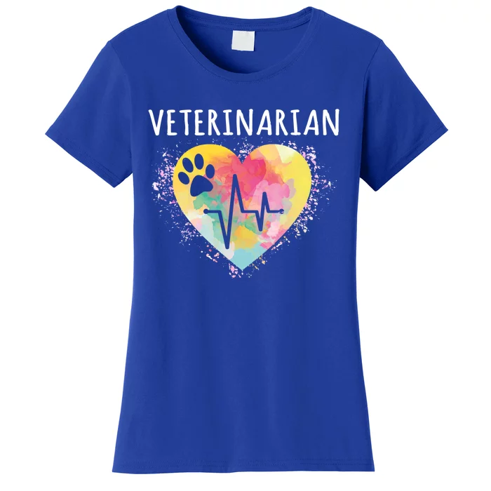 Veterinarian Vet Paw Print And Heartbeat Heart Watercolor Art Gift Women's T-Shirt