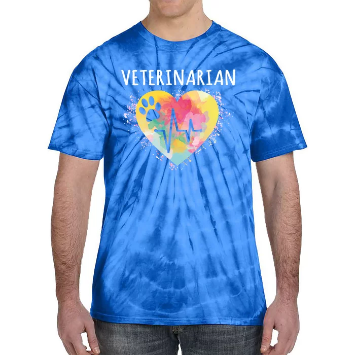 Veterinarian Vet Paw Print And Heartbeat Heart Watercolor Art Gift Tie-Dye T-Shirt