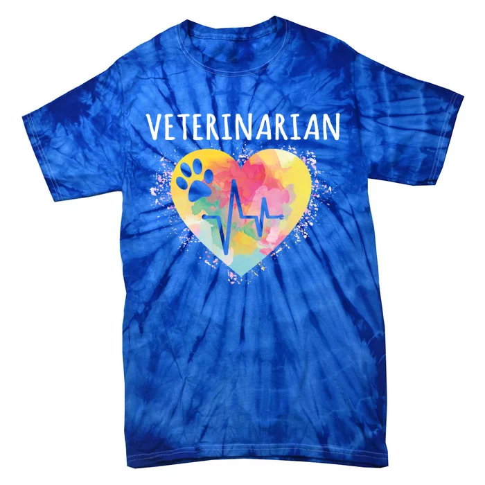 Veterinarian Vet Paw Print And Heartbeat Heart Watercolor Art Gift Tie-Dye T-Shirt