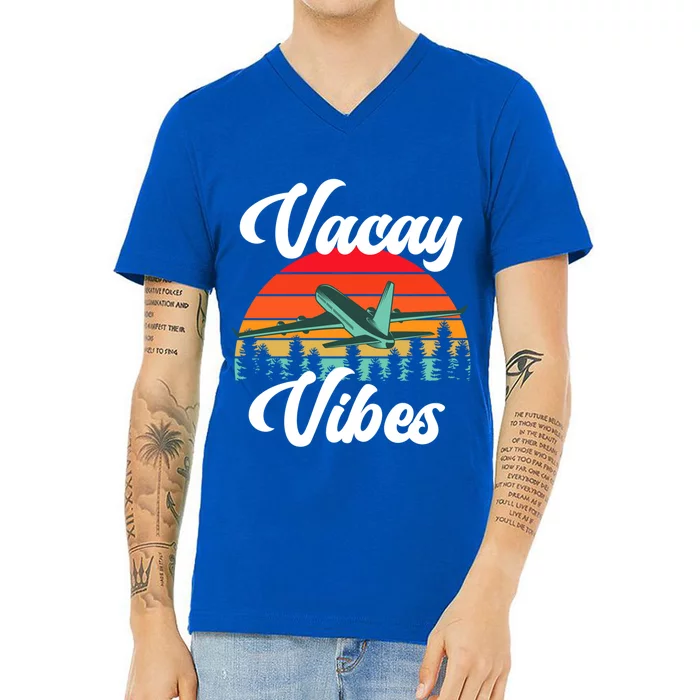 Vacay Vibes Retro Beach Vacation Summer Quote Airplane Great Gift V-Neck T-Shirt