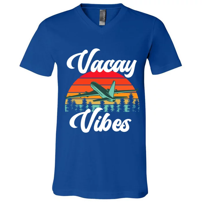 Vacay Vibes Retro Beach Vacation Summer Quote Airplane Great Gift V-Neck T-Shirt