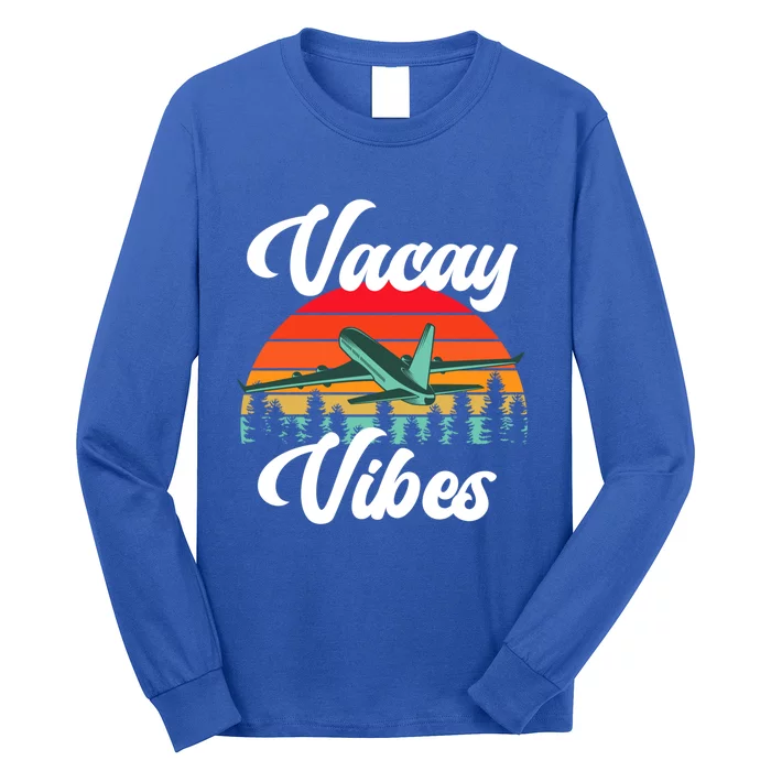 Vacay Vibes Retro Beach Vacation Summer Quote Airplane Gift Long Sleeve Shirt