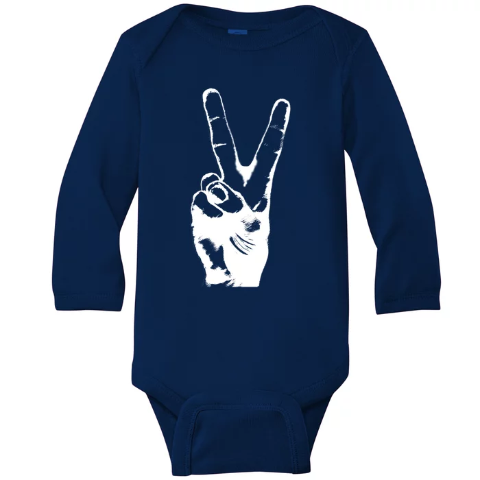 V Victory Sign Peace Symbol Hand White Print Cool Urban Great Gift Baby Long Sleeve Bodysuit