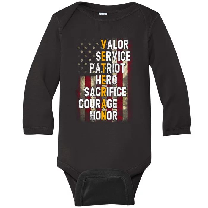 Veteran Valor Service Patriot Hero Sacrifice Courage Honor Baby Long Sleeve Bodysuit