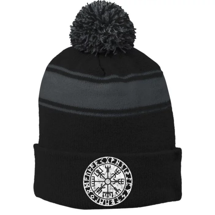 Vintage Vegvisir Symbol Futhark Runes Viking Compass Norse Protection Stripe Pom Pom Beanie