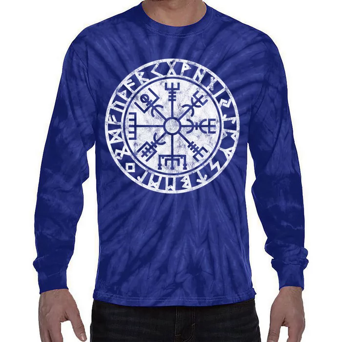 Vintage Vegvisir Symbol Futhark Runes Viking Compass Norse Protection Tie-Dye Long Sleeve Shirt