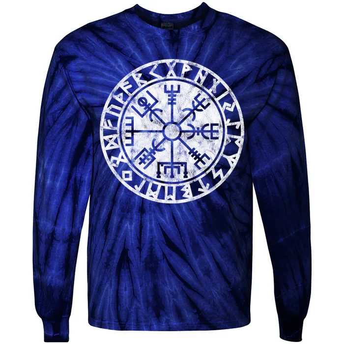 Vintage Vegvisir Symbol Futhark Runes Viking Compass Norse Protection Tie-Dye Long Sleeve Shirt