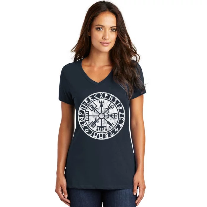 Vintage Vegvisir Symbol Futhark Runes Viking Compass Norse Protection Women's V-Neck T-Shirt