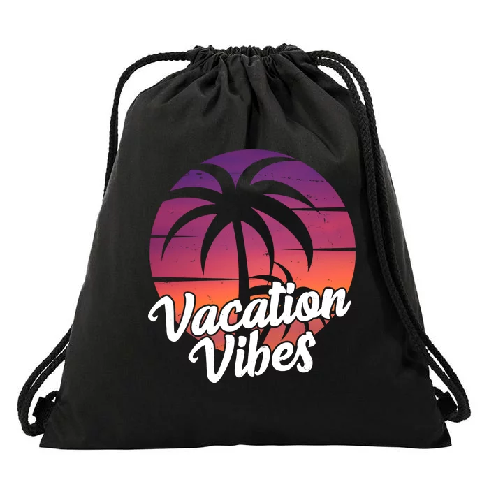 Vacation Vibes Tropical Retro Sunset Drawstring Bag