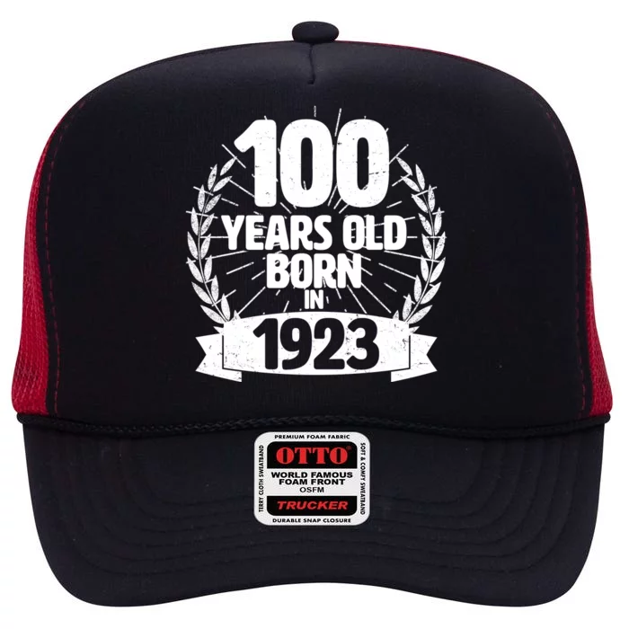 Vintage Wreath 100 Years Old Born In 1923 Birthday High Crown Mesh Trucker Hat