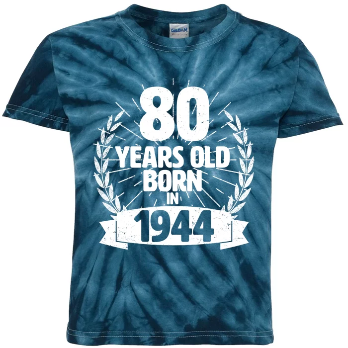 Vintage Wreath 80 Years Old Born In 1944 Birthday Kids Tie-Dye T-Shirt