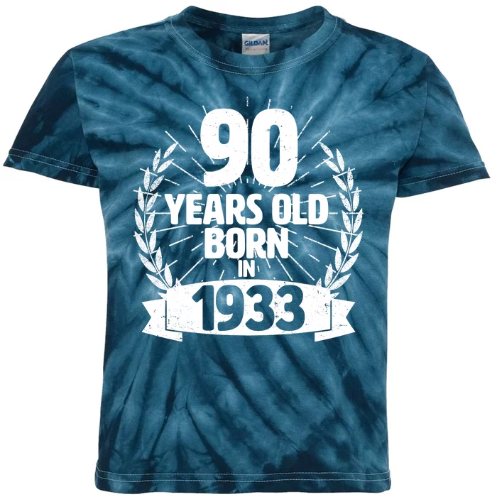 Vintage Wreath 90 Years Old Born In 1933 Birthday Kids Tie-Dye T-Shirt