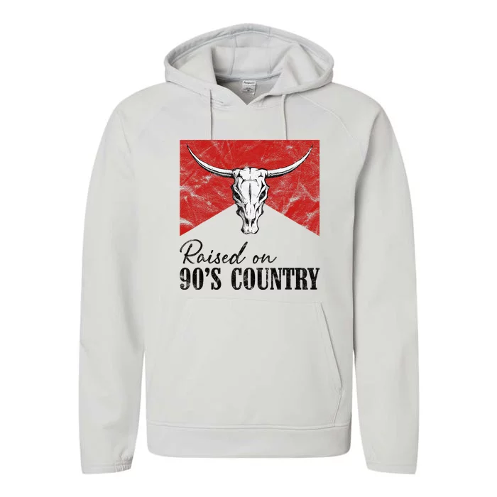 Vintage Western Bull Skull Raised On 90S Country Music Performance Fleece Hoodie