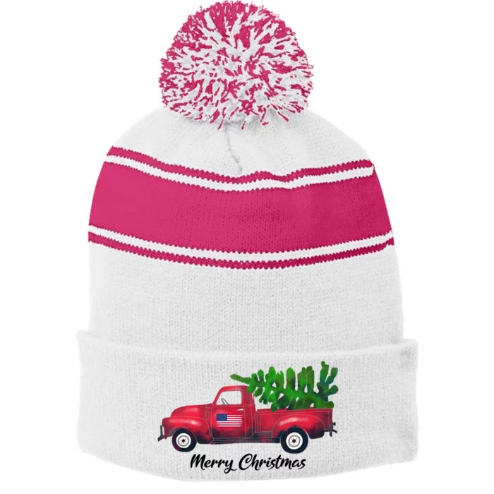 Vintage Wagon Christmas Red Truck With Xmas Tree Gift Stripe Pom Pom Beanie