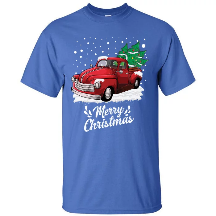 Vintage Wagon Christmas Tree On Car Xmas Red Truck Gift Tall T-Shirt