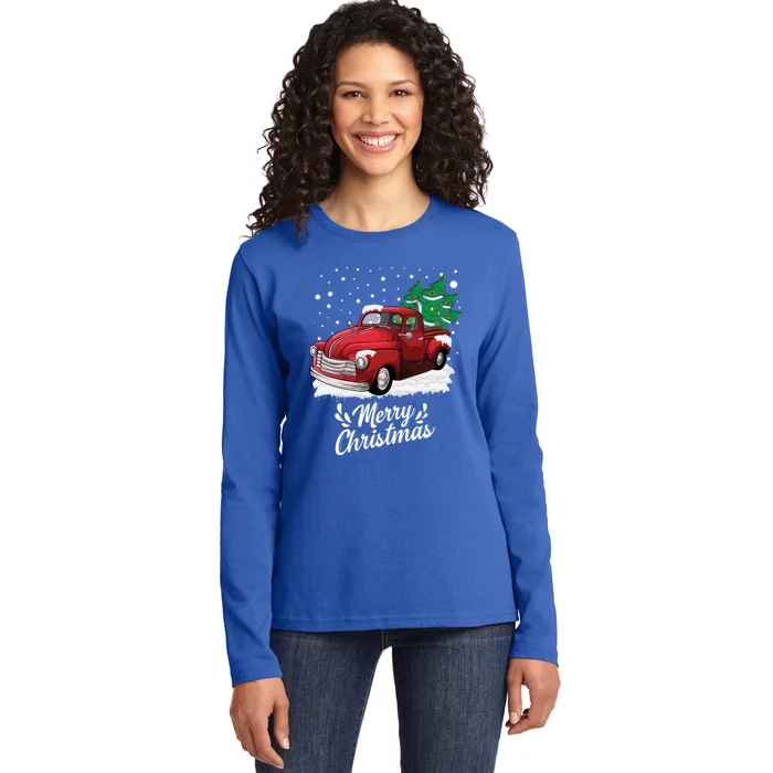 Vintage Wagon Christmas Tree On Car Xmas Red Truck Gift Ladies Long Sleeve Shirt