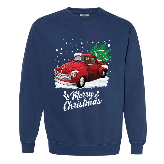 Vintage Wagon Christmas Tree On Car Xmas Red Truck Gift Garment-Dyed Sweatshirt