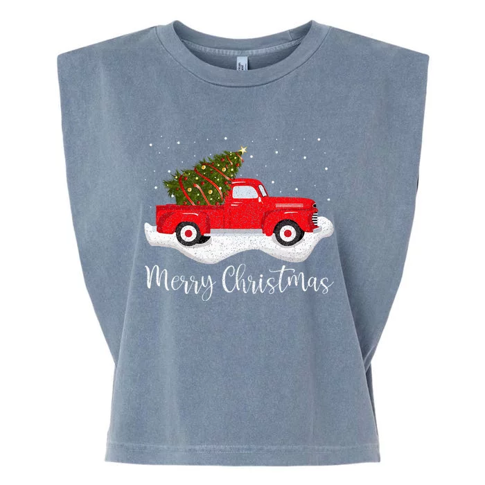 Vintage Wagon Christmas Tree On Car Xmas Red Truck Garment-Dyed Women's Muscle Tee