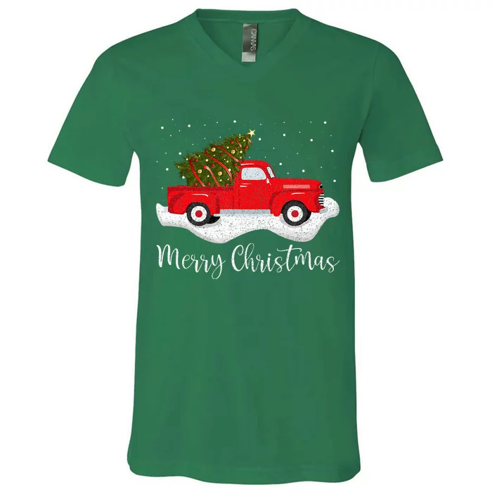 Vintage Wagon Christmas Tree On Car Xmas Red Truck V-Neck T-Shirt