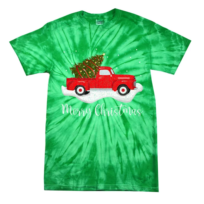 Vintage Wagon Christmas Tree On Car Xmas Red Truck Tie-Dye T-Shirt