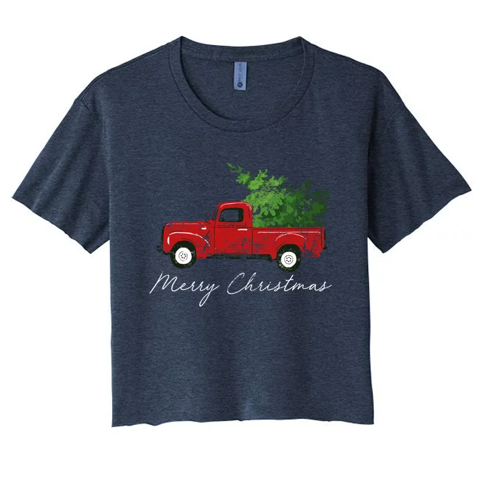 Vintage Wagon Christmas Tree On Truck Women's Crop Top Tee