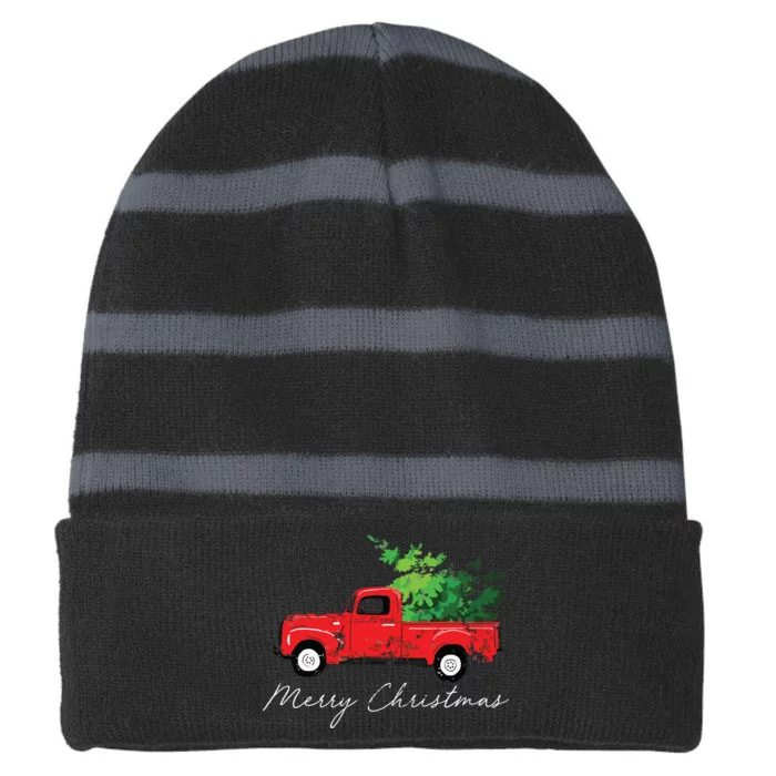 Vintage Wagon Christmas Tree On Car Xmas Vacation Striped Beanie with Solid Band