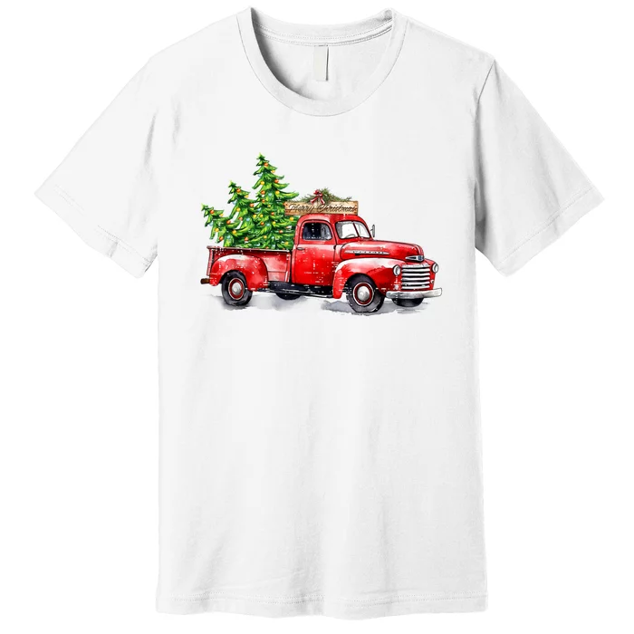 Vintage Wagon Christmas Shirts Xmas Tree On Car Red Truck Premium T-Shirt