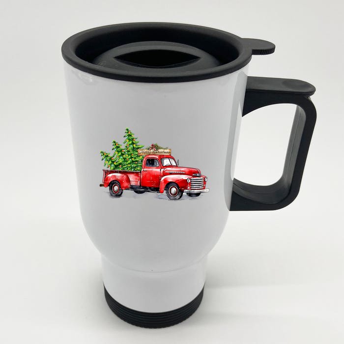 Vintage Wagon Christmas Shirts Xmas Tree On Car Red Truck Front & Back Stainless Steel Travel Mug