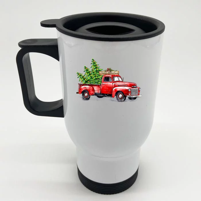 Vintage Wagon Christmas Shirts Xmas Tree On Car Red Truck Front & Back Stainless Steel Travel Mug