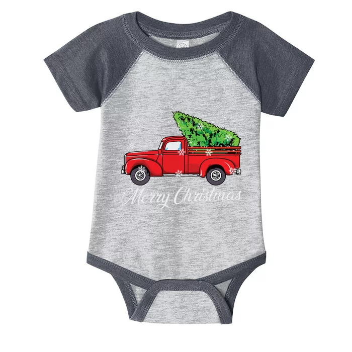 Vintage Wagon Christmas Tree Red Retro Farmer Truck Vacation Infant Baby Jersey Bodysuit