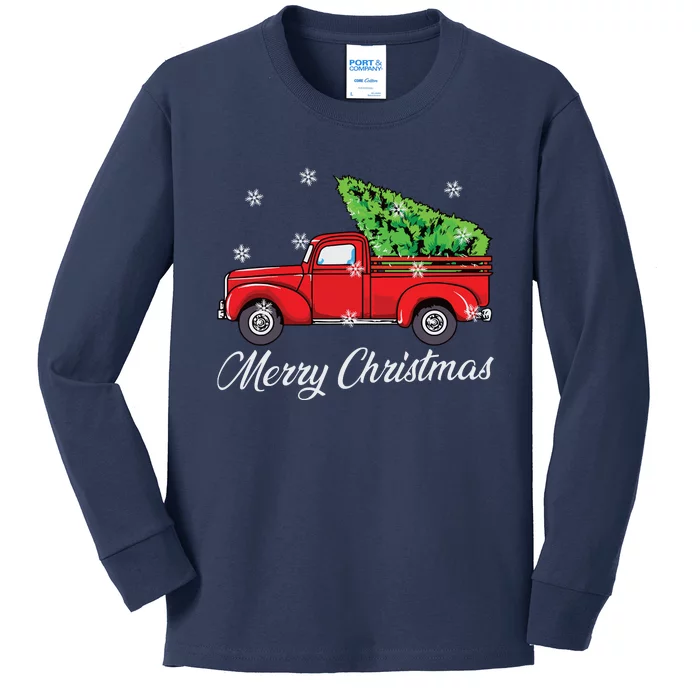 Vintage Wagon Christmas Tree Red Retro Farmer Truck Vacation Kids Long Sleeve Shirt