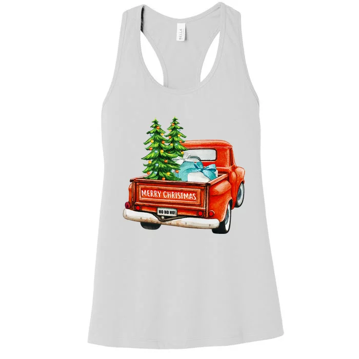 Vintage Wagon Christmas Classic Red Truck Car Xmas Trees Women's Racerback Tank