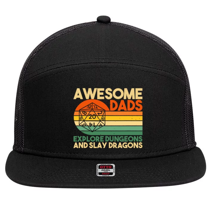 Vintage Awesome Dads Explore Dungeons DM RPG Dice Dragon Fathers Day Gift 7 Panel Mesh Trucker Snapback Hat