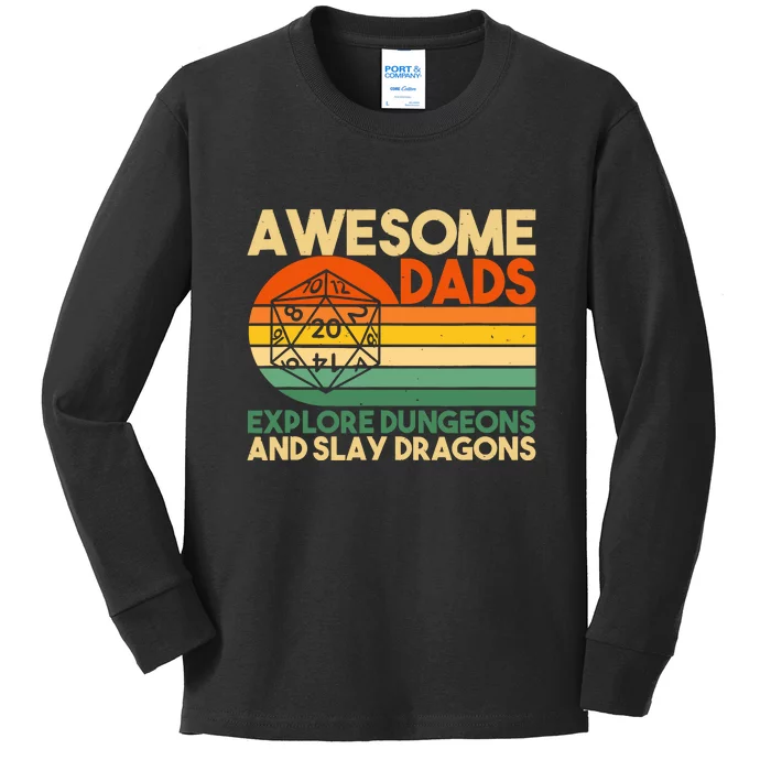 Vintage Awesome Dads Explore Dungeons DM RPG Dice Dragon Fathers Day Gift Kids Long Sleeve Shirt