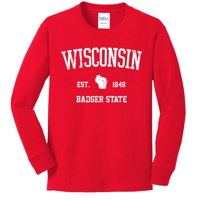 Vintage Wisconsin Est 1849 Badger State Kids Long Sleeve Shirt