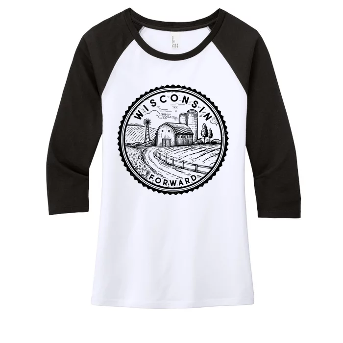 Vintage Wisconsin Forward Farmland Emblem Seal Women's Tri-Blend 3/4-Sleeve Raglan Shirt