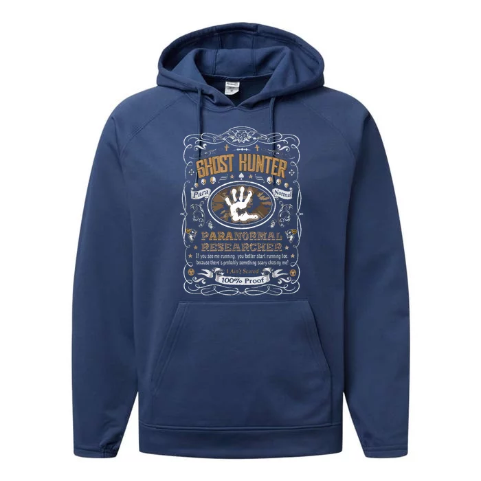 Vintage Whiskey Label Ghost Hunter Performance Fleece Hoodie