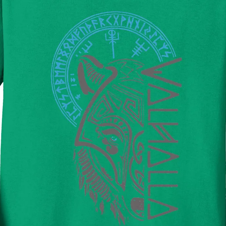 Valhalla Wolf Mask Odin Runes Norse Compass Viking Kids Long Sleeve Shirt