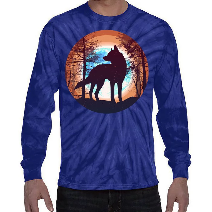 Vintage Wolf Moon Forest Tie-Dye Long Sleeve Shirt