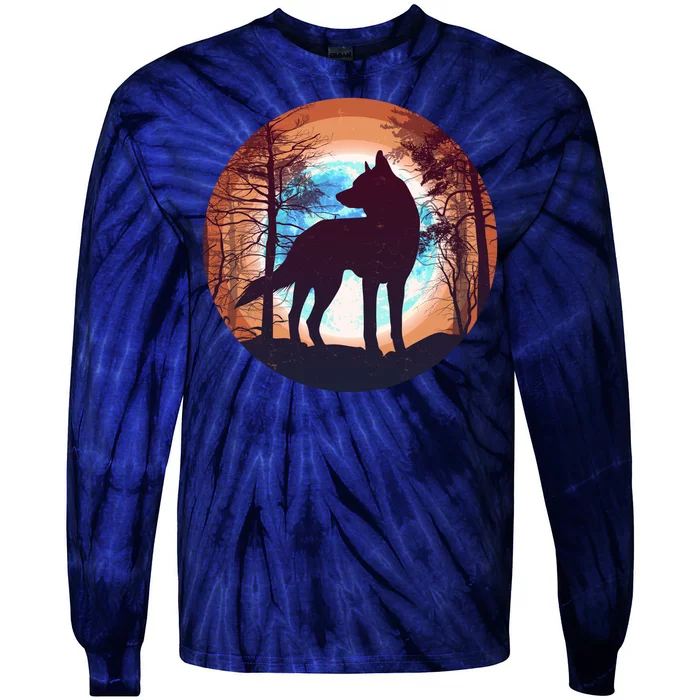 Vintage Wolf Moon Forest Tie-Dye Long Sleeve Shirt