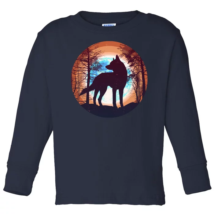 Vintage Wolf Moon Forest Toddler Long Sleeve Shirt