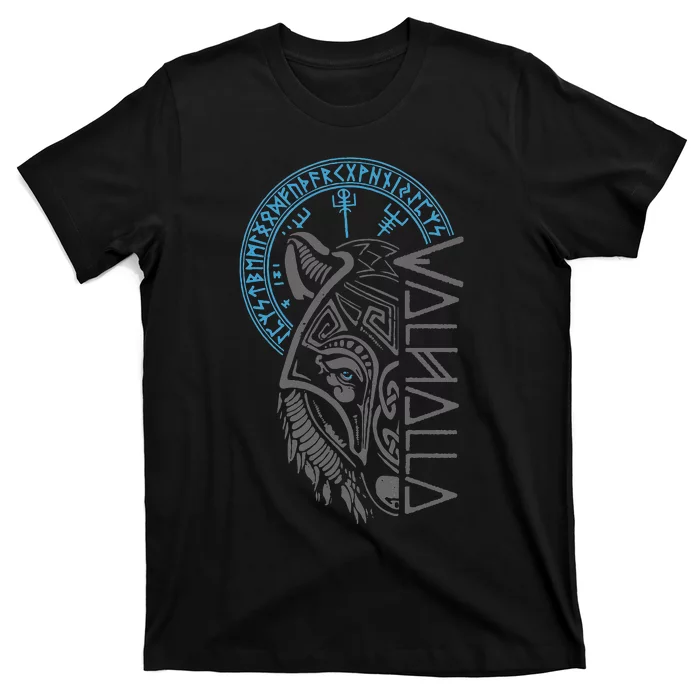 Valhalla Wolf Mask Odin Runes Norse Compass Viking T-Shirt