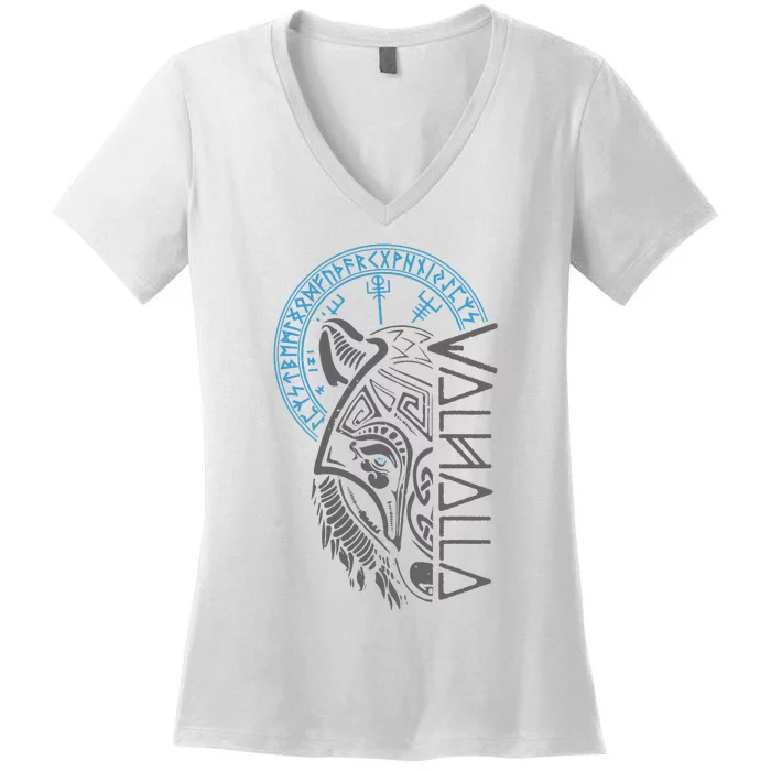 Valhalla Wolf Mask Odin Runes Norse Compass Viking Women's V-Neck T-Shirt