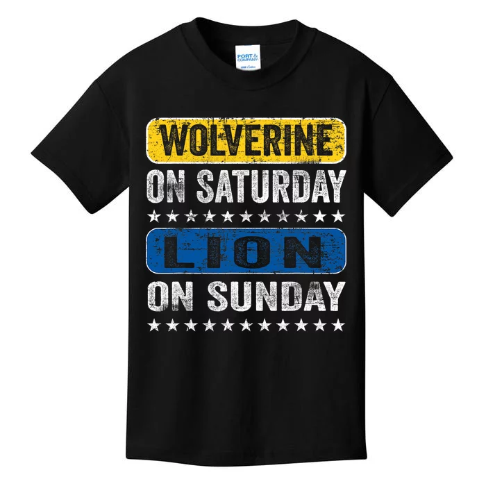 Vintage Wolverine On Saturday Lion On Sunday Detroit Kids T-Shirt