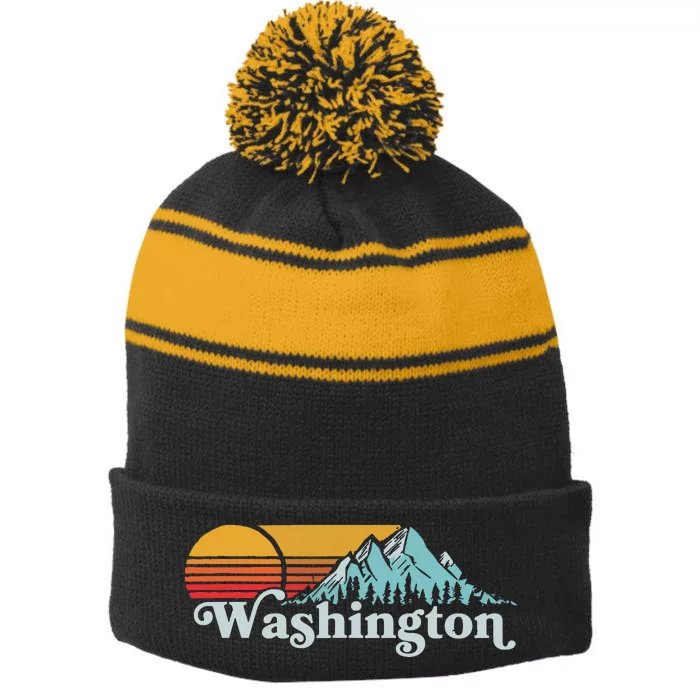 Vintage Washington Retro Distressed Mountains Graphic Stripe Pom Pom Beanie