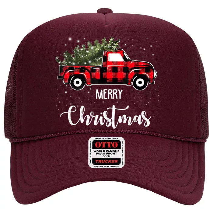 Vintage Wagon Red Truck Christmas Tree Pajama Family Xmas High Crown Mesh Trucker Hat