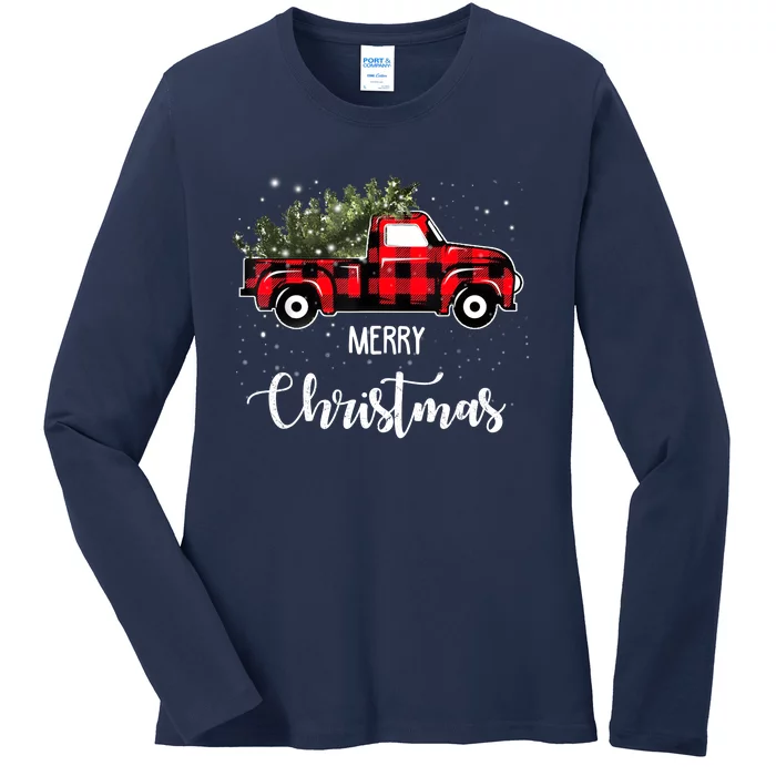 Vintage Wagon Red Truck Christmas Tree Pajama Family Xmas Ladies Long Sleeve Shirt