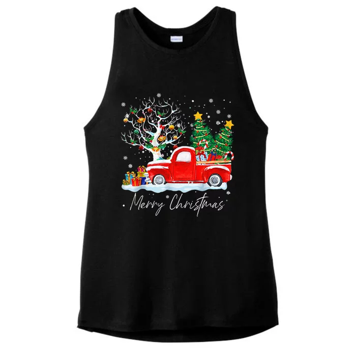 Vintage Wagon Red Truck Christmas Tree Pajama Gift Ladies Tri-Blend Wicking Tank