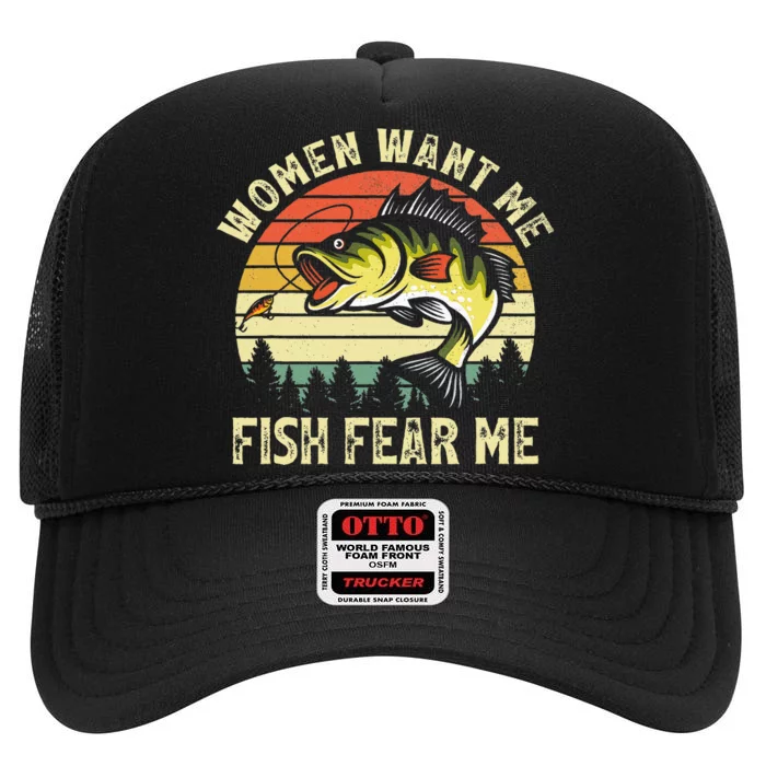 Vintage Women Want Me Fish Bass Fear Me Funny Lover Fishing High Crown Mesh Trucker Hat